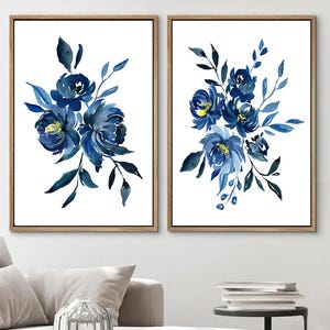 Oeuvre d'art fleurs bleu marine - impression d'art murale fleurs bleu marine - photos florales encadrées - décoration murale fleurs bleu marine - toile de chambre à coucher bleu marine, lot de 2