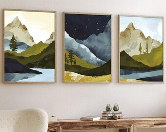 Abstract Mountain Wall Art: Navy Green Landscape Bedroom Artwork Set of 3 - Framed, Canvas, or Art Prints WC