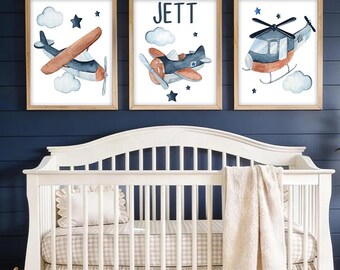 Airplane Wall Art Prints - Airplane Baby Boy Nursery Wall Decor, Aviation Nursery Wall Art, Airplanes Boy Name Monogram Set of 3 WC