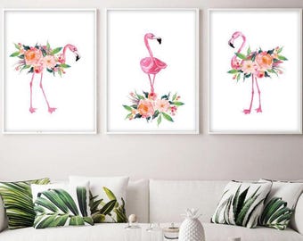 Floral Flamingo Wall Art - Artwork Flamingo Art - Watercolor Flamingo Artwork - Flower Flamingo Nursery Wall Decor Set of 3 WC
