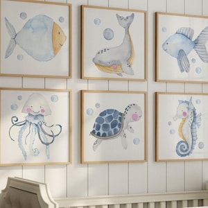 Framed Nautical Nursery Wall Art - Ocean Animals Art Print - Baby Sea Animals Bathroom Pictures - Ocean Nursery Canvas Artwork Sets of 6