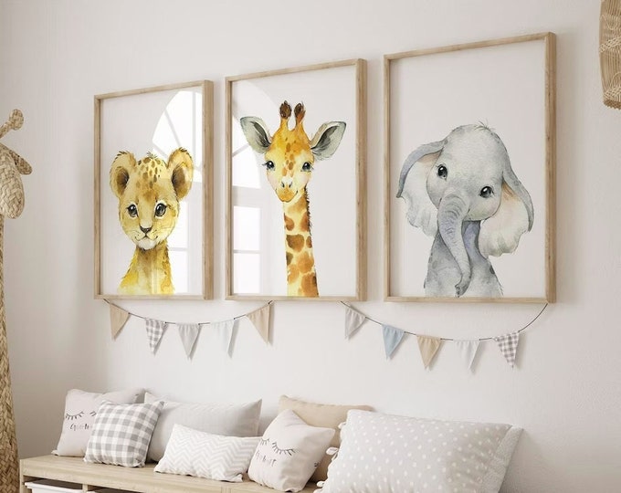 Safari Animal Nursery Decor - Jungle Animal Nursery Prints - Lion, Giraffe, Elephant - Animal Nursery Canvas - Gender Neutral Decor Set of 3