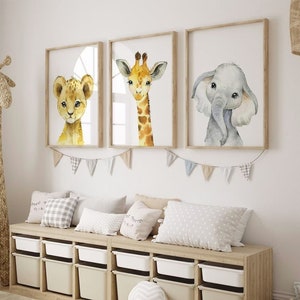 Safari Animal Nursery Prints: Lion, Giraffe, Elephant Canvas Art - Set of 3
