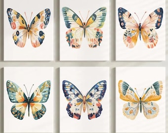 Butterfly Wall Art Set of 6, Colorful Butterfly Prints, Botanical Butterfly Decor, Cottagecore Canvas, Butterflies Nature Gallery Artwork