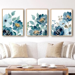 Blue Flowers Wall Art - Watercolor Navy Blue Yellow Floral Print - Framed Watercolor Navy Floral Pictures - Navy Flowers Canvas Sets of 3