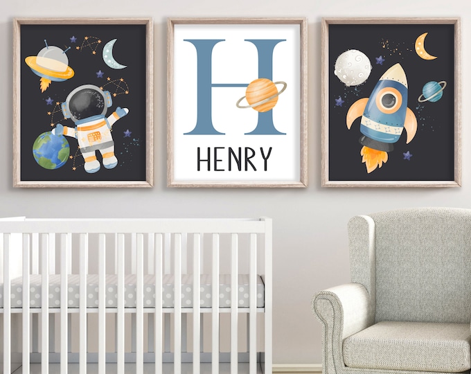 Outer Space Wall Art - Personalized Outer Space Prints - Framed Space Planet Nursery Artwork - Outer Space Boy Toddler Room Canvas Set of 3