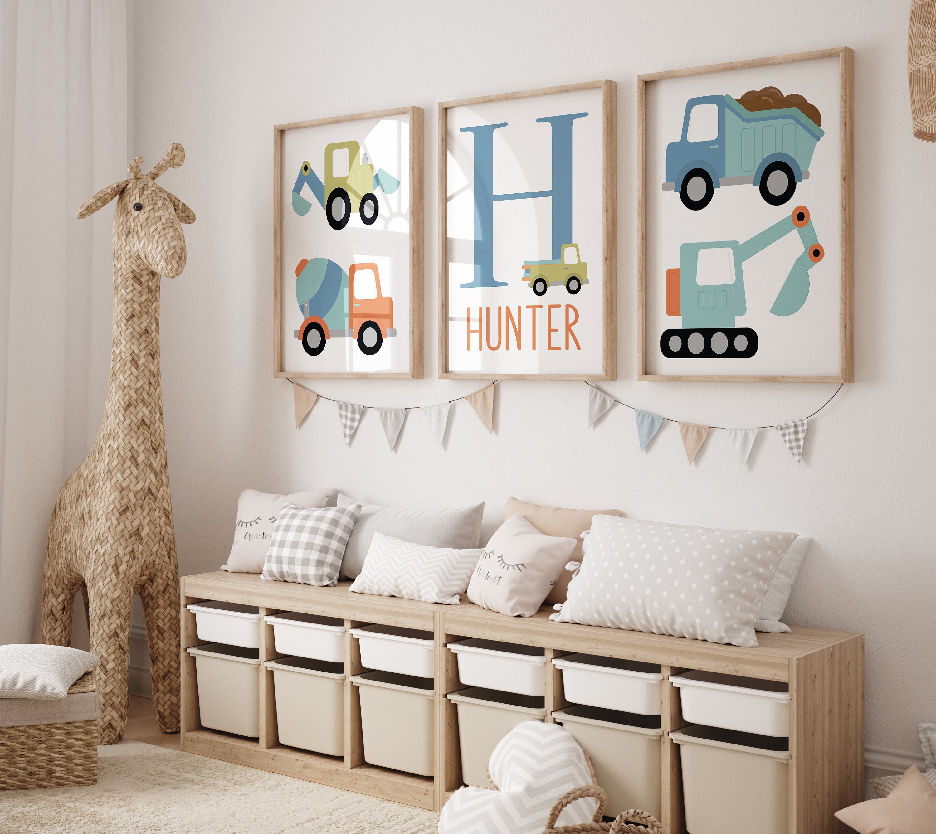 Construction Truck Prints: Personalized Boy Nursery Wall Decor, Set of 3