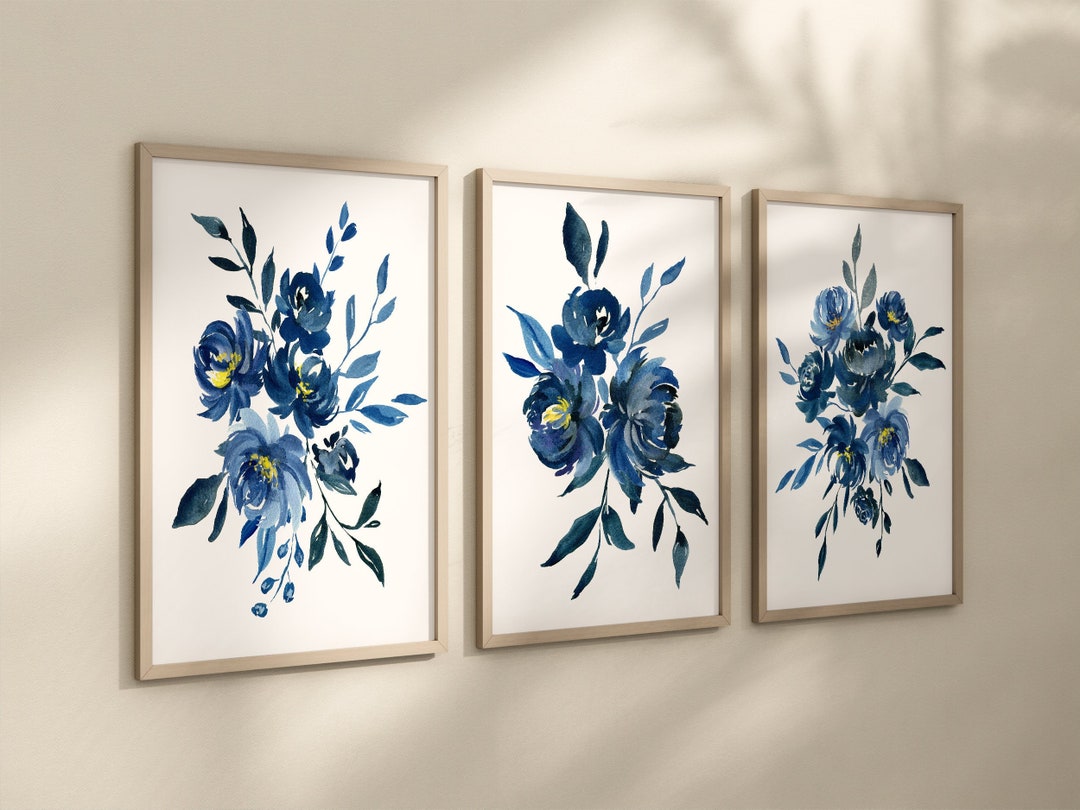 Watercolor Blue Flower Wall Decor, Blue Flower Prints, Frames or Canvas, Watercolor Blue Flower