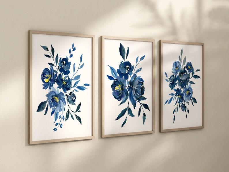 Watercolor Blue Flower Wall Decor Blue Flower Prints Canvas Etsy
