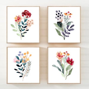 Watercolor Wildflowers Wall Art - Wildflower Prints - Framed Bedroom Wildflower Wall Decor - Wildflower Bathroom Pictures Canvas Set of 4