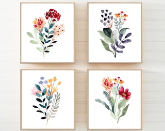 Watercolor Wildflowers Wall Art - Wildflower Prints - Framed Bedroom Wildflower Wall Decor - Wildflower Bathroom Pictures Canvas Set of 4