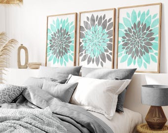 Aqua Gray Flower Wall Art - Aqua Gray Flower Artwork - Bedroom Flower Decor - Set of 3 Framed, Canvas, or Art Prints WC