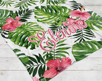 Couverture tropicale en hibiscus, couverture personnalisée nom floral tropical fille, cadeau fleur tropicale pour adolescente, literie florale tropicale pour chambre de bébé