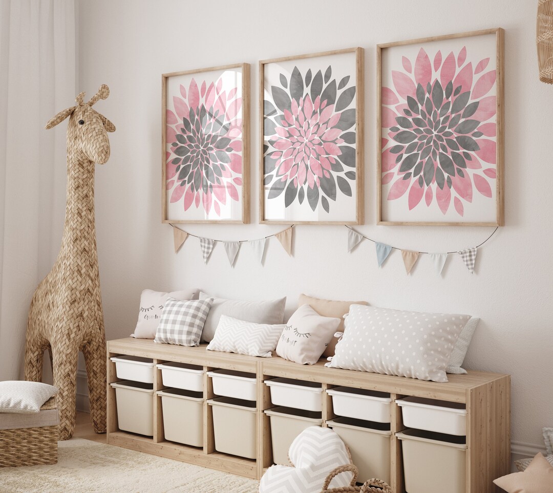 Pink Gray Flower Wall Art Flower Art Prints Framed Watercolor Pink Gray