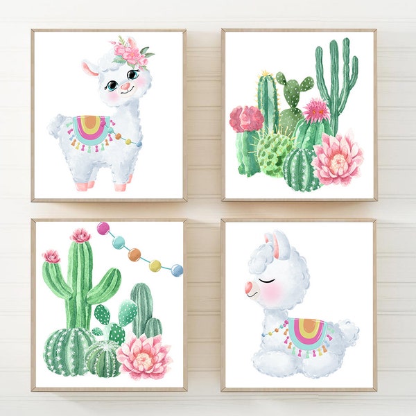 Llama Nursery Decor, Framed Girl Llama Cactus Art Print, Cute Llama Cactus Prints, Canvas Girl Llama Cactus Floral Nursery Wall Art Set of 4