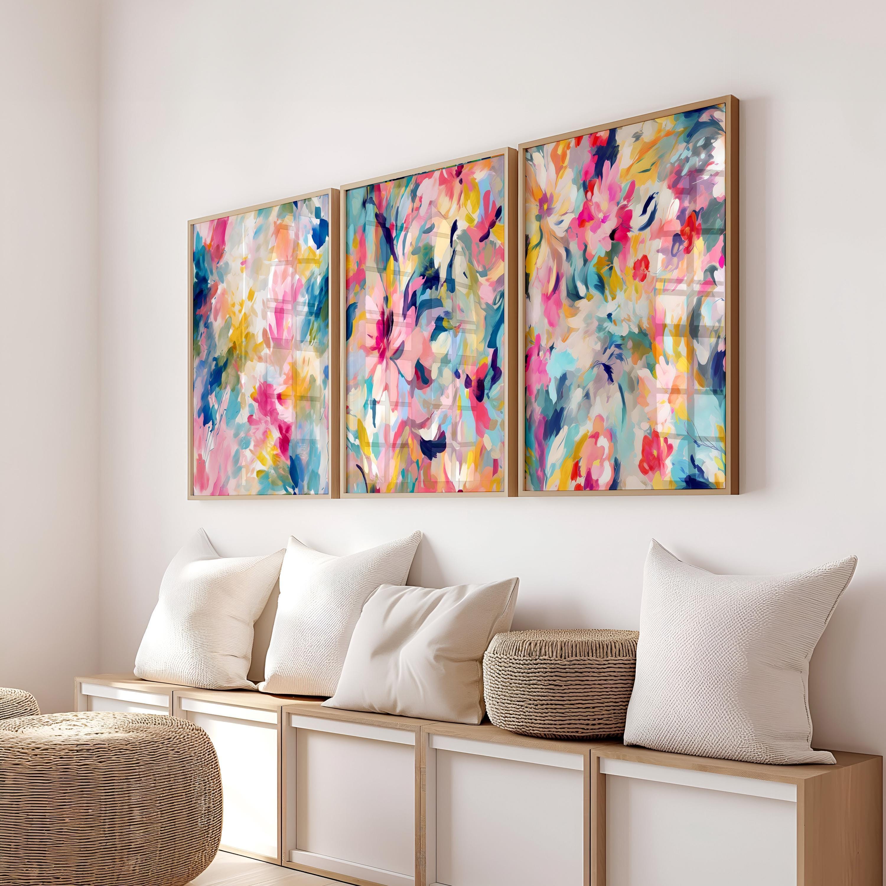 Colorful Abstract Wall Art - Floral Maximalist Artwork Set of 3