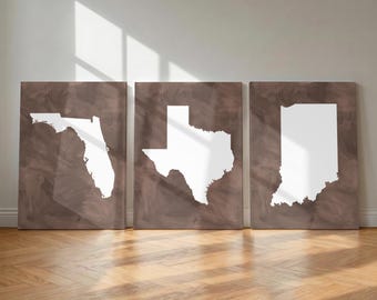Juego de 3 láminas personalizadas de arte mural con motivos estatales, láminas personalizadas con mapas de estados, decoración familiar, regalo para familias que viven lejos, lienzo marrón neutro para pared.