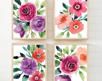 Arte floral de pared: Juego de 4 flores coloridas (enmarcadas, en lienzo o impresas) WC
