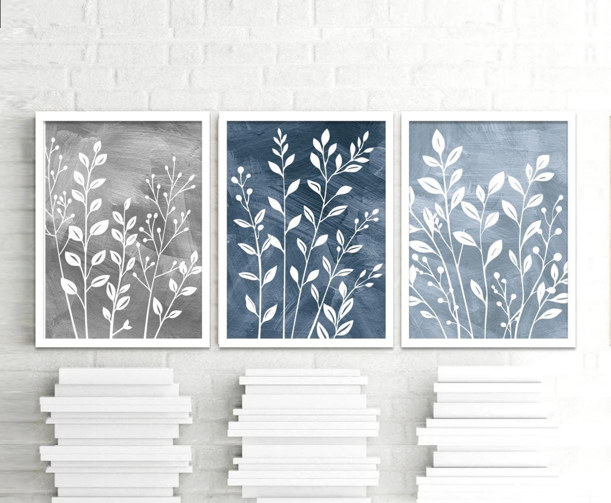 Blue Gray Floral Wall Art: Botanical Leaves Wall Decor Set of 3 ...