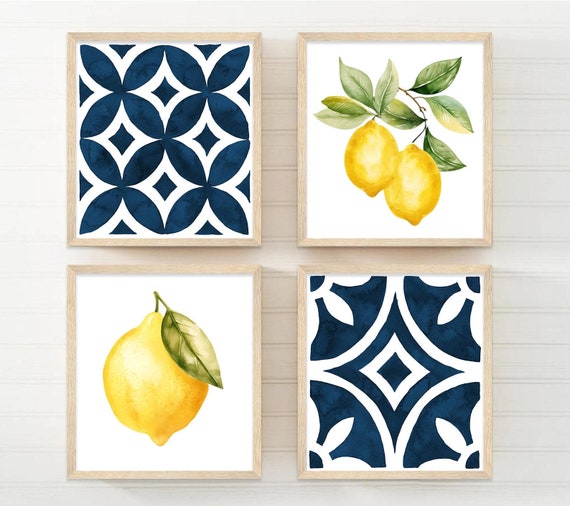 Lemon Kitchen Wall Art: Navy Yellow Farmhouse Decor (set of 4