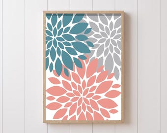 Coral Teal Dahlia Art: Trio Flower Artwork Set of 1 - Framed, Canvas, or Art Prints