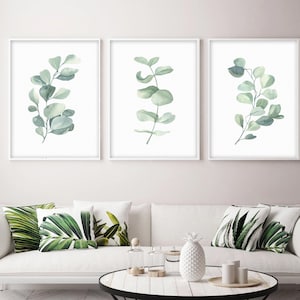 Eucalyptus Wall Art, Watercolor Leaves Art Print, Framed Eucalyptus Pictures, Eucalyptus Canvas Wall Decor, Living Room Wall Decor Sets of 3