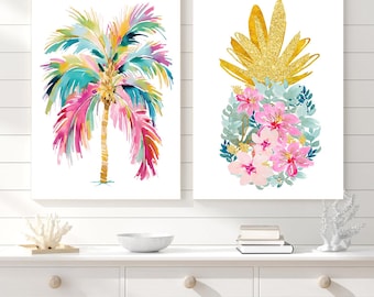 Tropical Wall Art: Palm Tree and Pineapple Wall Decor, Beach House Artwork Set of 2 - Framed, Canvas, or Art Prints WC