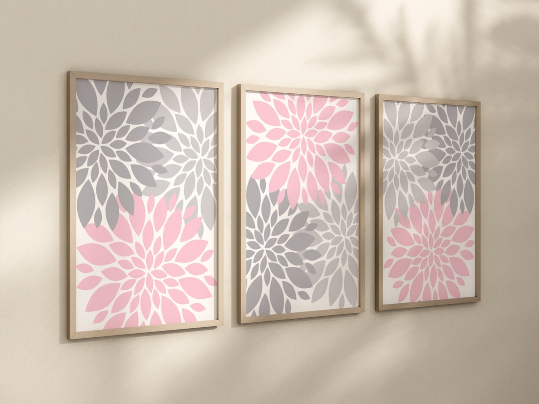 Pink Gray Flower Wall Art, Flower Burst Dahlia Petal Prints, Frames or