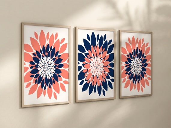 Coral Navy - Etsy Bedroom 3 Flower Prints, Canvas Dahlia Set Wall Navy Decor Canvas Art, Coral Wall Bathroom Flower Flower of Petal UK Decor, Coral