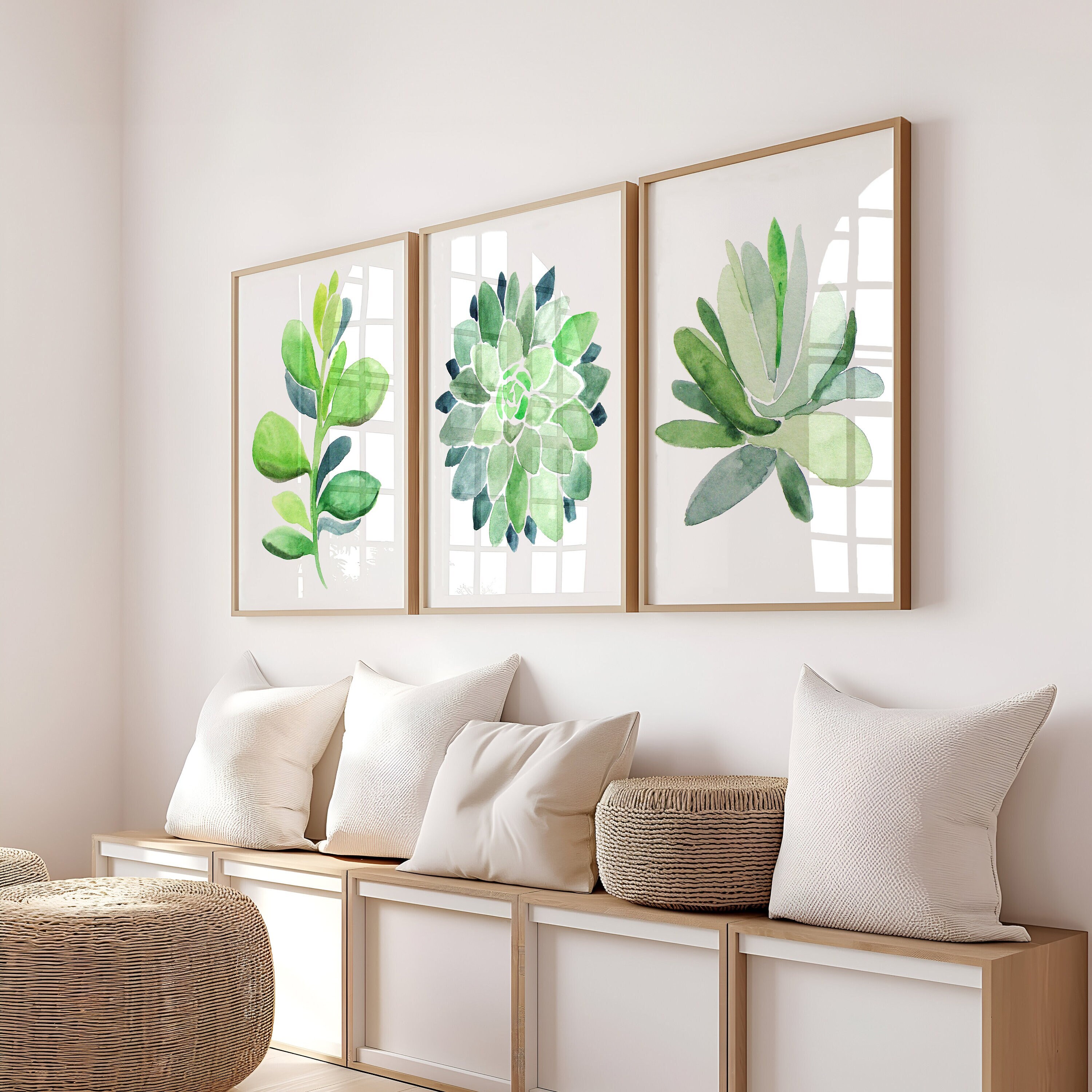 Succulent Wall Decor - Framed Succulent Art Print - Watercolor Succulent Plant Canvas Artwork - Succulent Office Wall Art Sets of 3