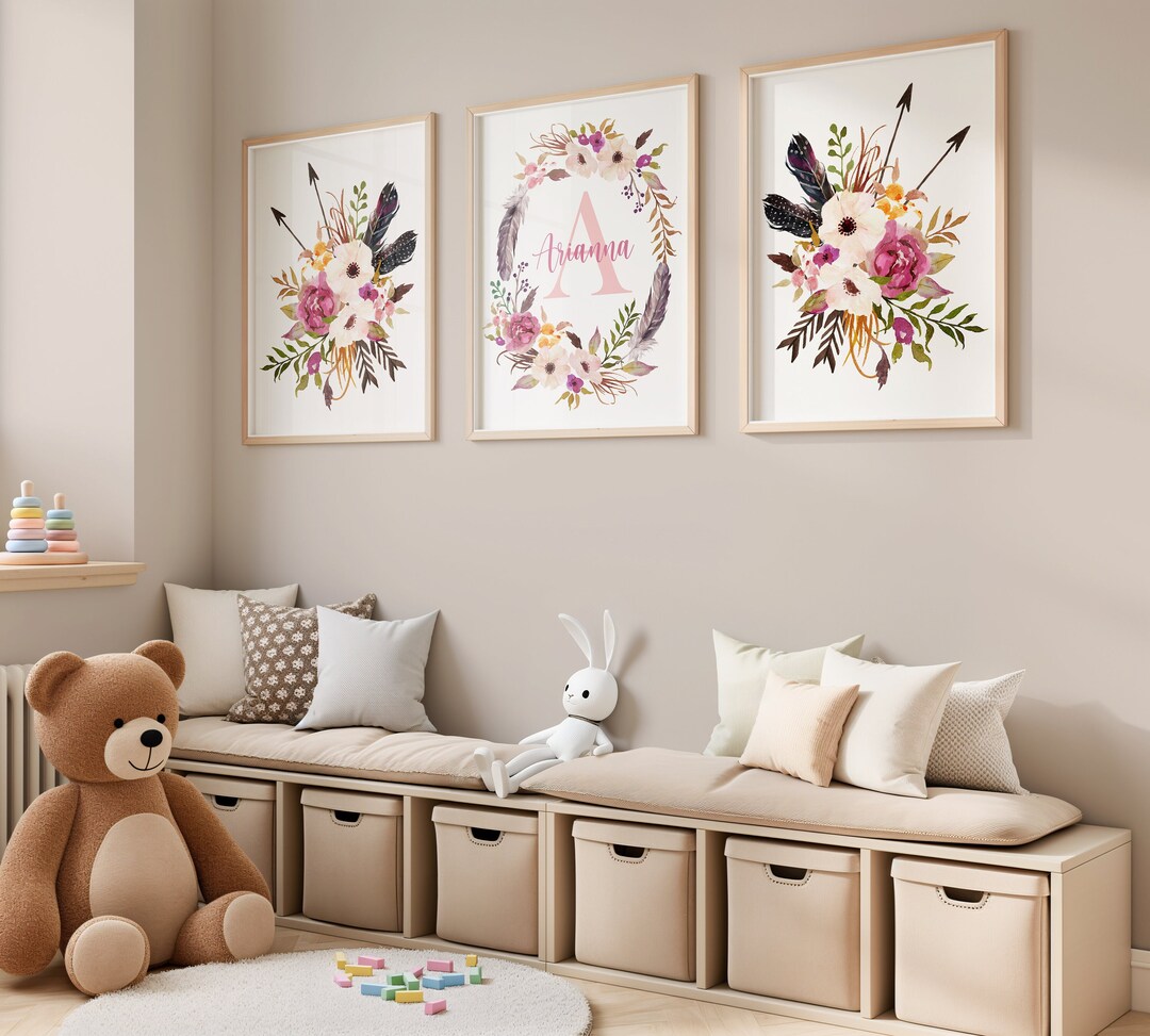 Boho Flower Nursery Wall Decor - Floral Girl Monogram Artwork Print ...