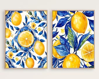 Decoración de pared con limoneros: Decoración de pared para cocina en azul marino y amarillo - Juego de 2 - Enmarcado, lienzo o láminas decorativas para WC