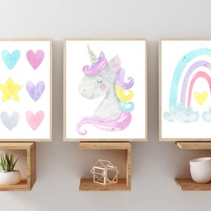 Rainbow Unicorn Pictures - Rainbow Unicorn Art Prints - Framed Watercolor Rainbow Unicorn Hearts Nursery Wall Art Pictures Canvas Set of 3