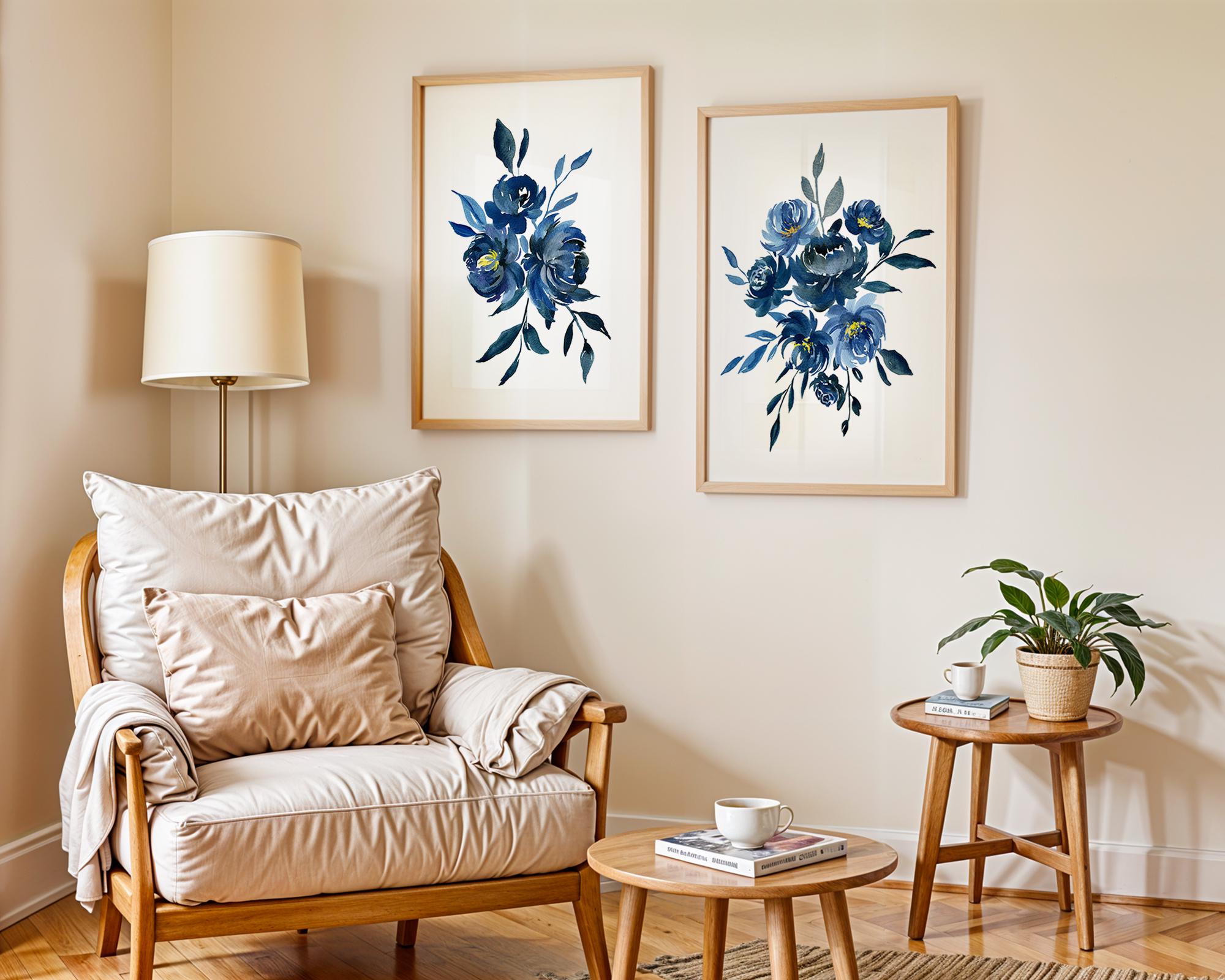 Navy Blue Flower Wall Art: Floral Bedroom Decor Set of 2 - Framed ...