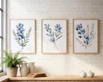 Decoración de pared con lupino azul - Arte de pared con lupino azul - Obra de arte con lupino azul - Imagen de lupino azul de granja Juego de 3 lupinos azules WC