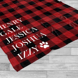 Personalized Buffalo Plaid Blanket - Family Names Pets Gift Blanket - Christmas Red Black Blanket - Custom Family Name Cozy Soft Blanket