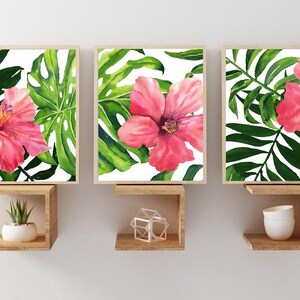 Hibiscus Wall Art - Pink Tropical Flower Art - Watercolor Tropical Floral Artwork - Tropical Hibiscus Wall Decor Set of 3 WC image 5