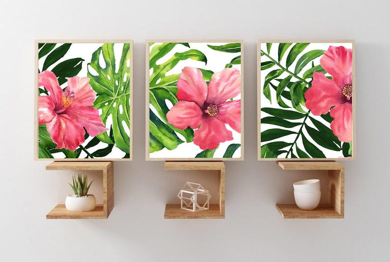 Hibiscus Wall Art - Pink Tropical Flower Art - Watercolor Tropical Floral Artwork - Tropical Hibiscus Wall Decor Set of 3 WC image 5