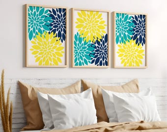 Navy Yellow Turquoise Flower Wall Art Set of 3 - Framed, Canvas, or Art Prints