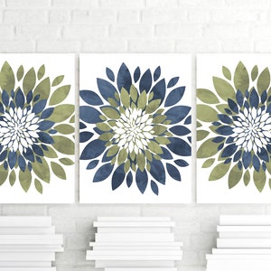 Blue Green Flower Wall Art, Green Blue Flower Prints, Canvas Navy Green Flowers Pictures, Bedroom Wall Decor, Framed Bathroom Art Set of 3 image 3