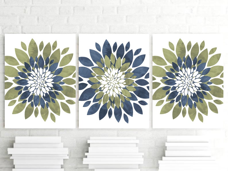 Blue Green Flower Wall Art, Green Blue Flower Prints, Canvas Navy Green Flowers Pictures, Bedroom Wall Decor, Framed Bathroom Art Set of 3 image 3