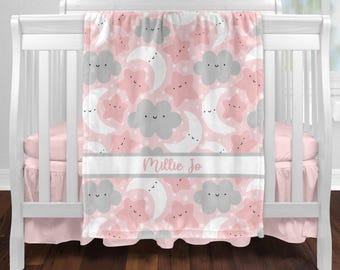 Moon Star Blanket, Baby Girl Personalized Baby Shower Gift, Pink Gray Moon Stars Clouds Nursery Decor, Moon Stars Newborn Baby Shower Gift