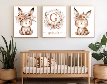 Boho Bunny Nursery Wall Art: Floral Woodland Wall Decor, Set of 3 - Framed, Canvas, or Art Prints WC