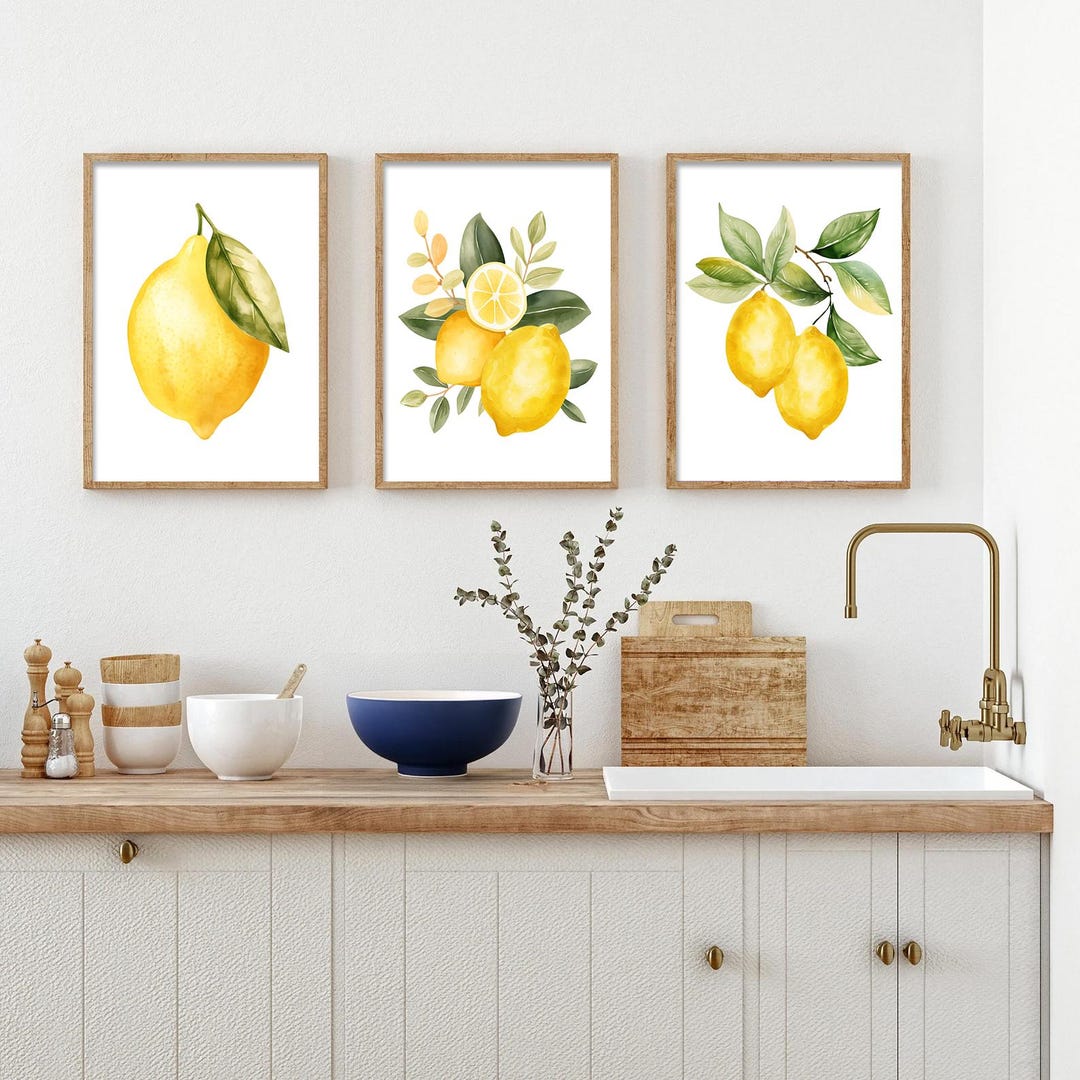 Watercolor Lemon Artwork - Fruit Farmhouse Kitchen Wall Art Set of