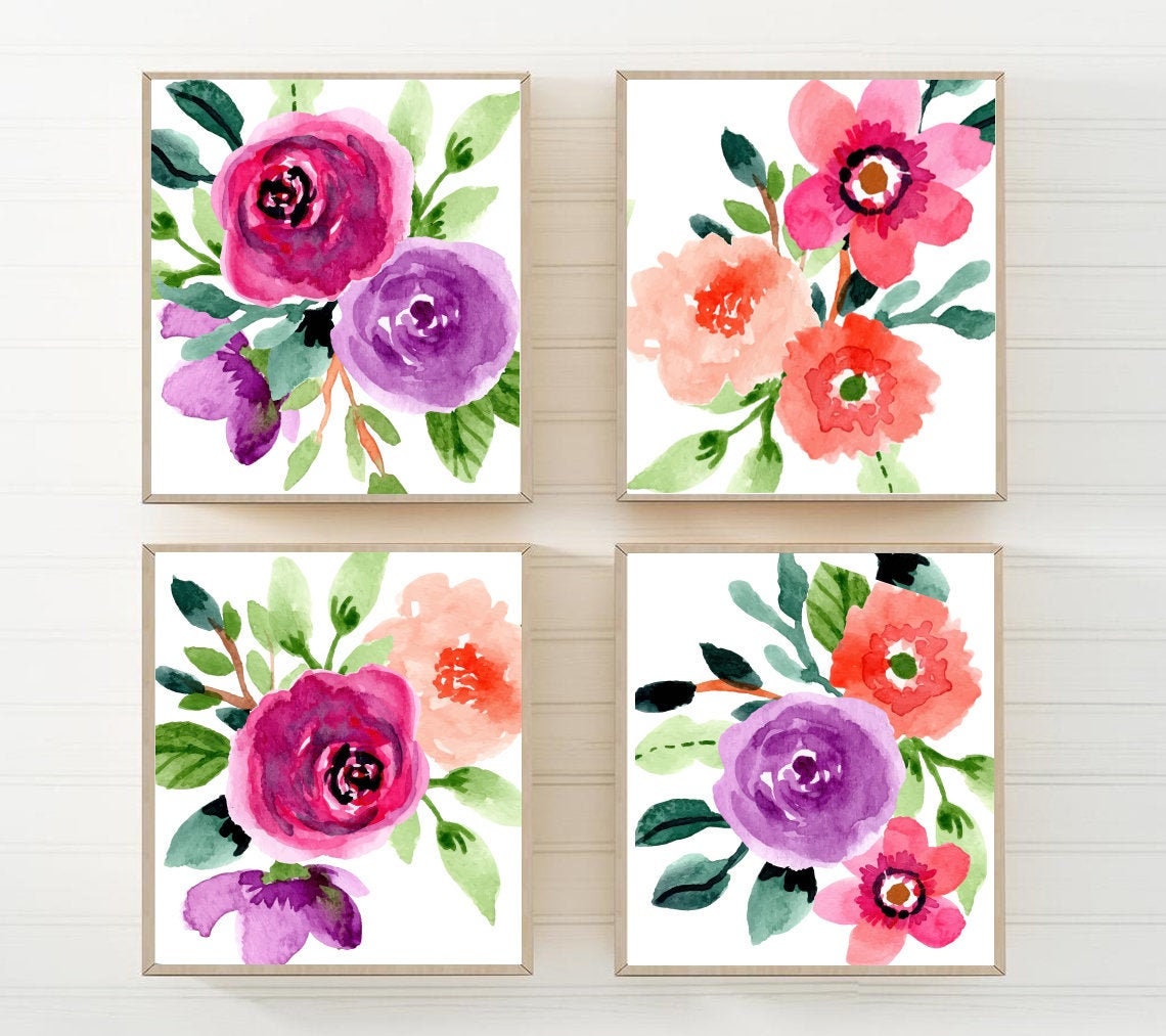 Watercolor Bright Floral Wall Art Colorful Flower Art Prints Etsy
