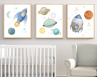 Space Wall Art Prints - Canvas Outer Space Baby Boy Nursery Wall Decor - Planets Nursery Wall Art - Rocket Planets Toddler Room Set of 3
