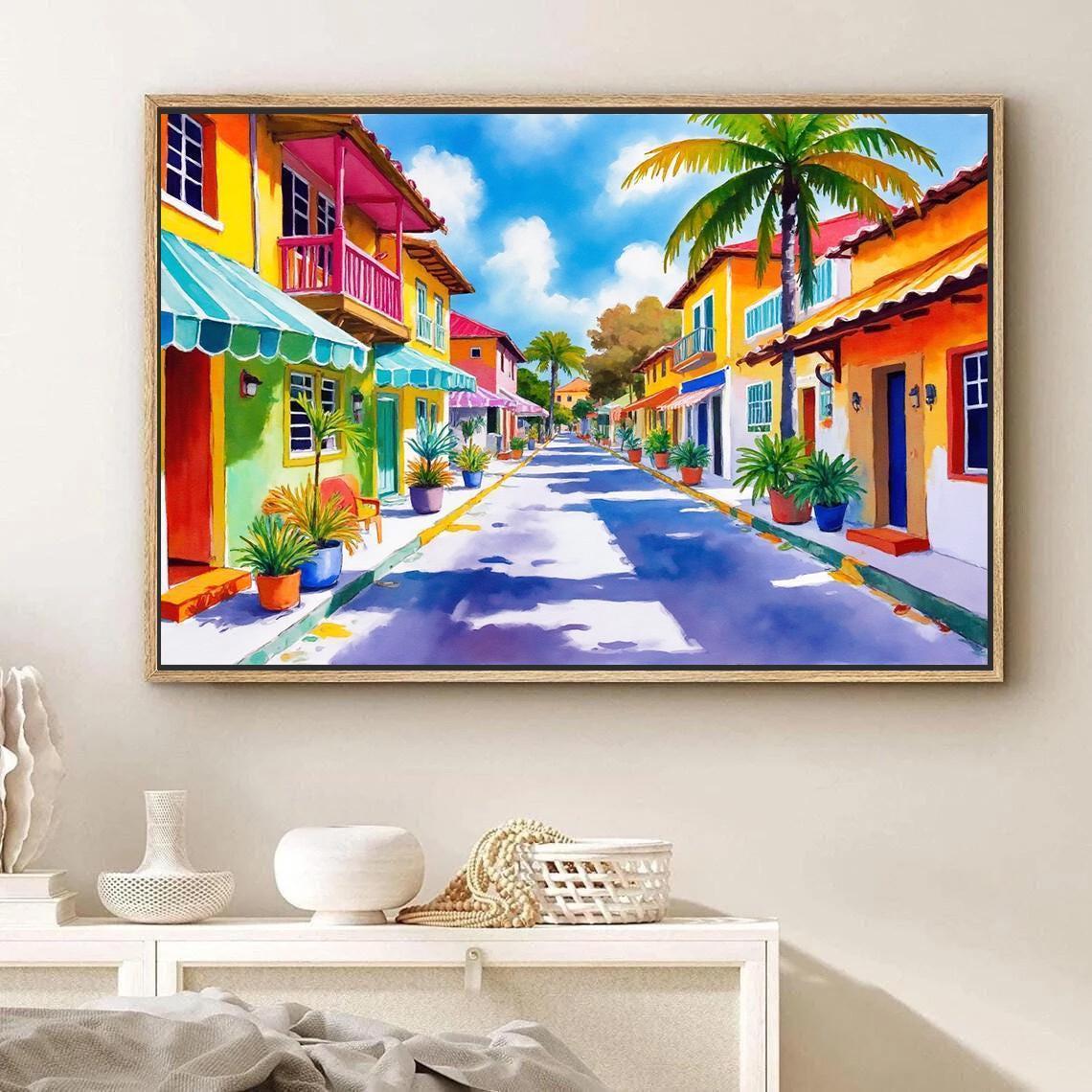 Caribbean Village Wall Art | Framed Tropical Village Wall Art