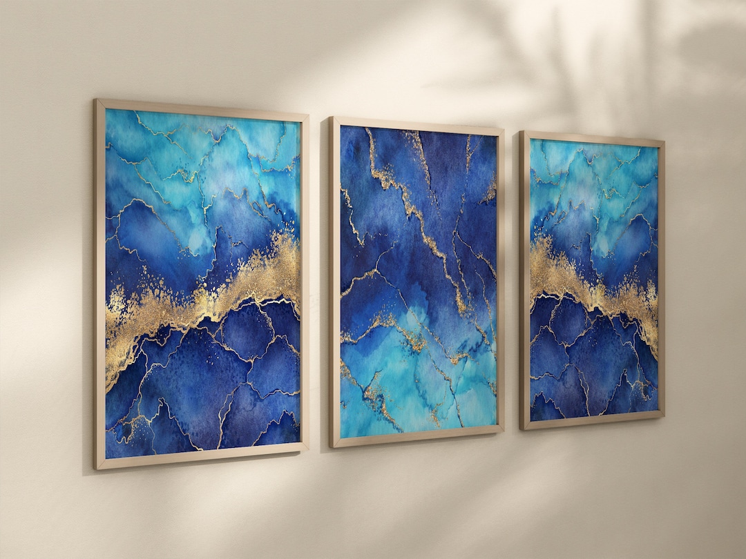 Blue Gold Agate Geode Wall Art, Blue Gold ABSTRACT Art Prints or Canvas ...
