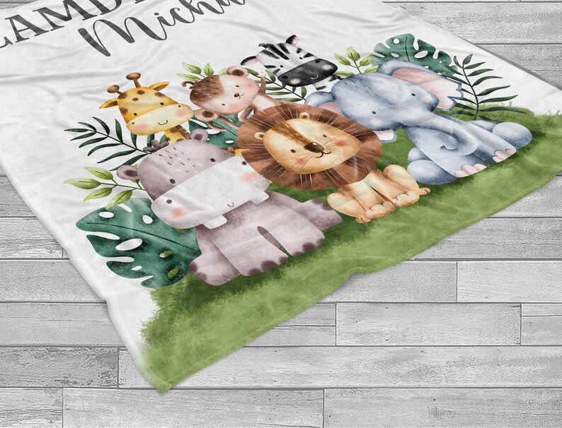 Safari Animals Blanket, Personalized Baby Shower Gift, Safari Animals Baby Blanket, Safari Boy Name Newborn Safari Animal Baby Shower Gift immagine 2