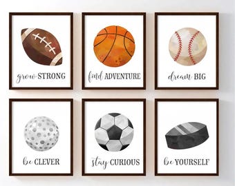 Sports Quotes Nursery Canvas - Sports Boy Wall Art Prints - Watercolor Sports Wall Decor - Framed Sports Balls - Toddler Boy Room Set of 6